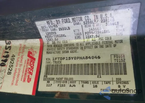 1993 Ford F150 из США, поврежденный, VIN 1FTDF15Y0PNA84046